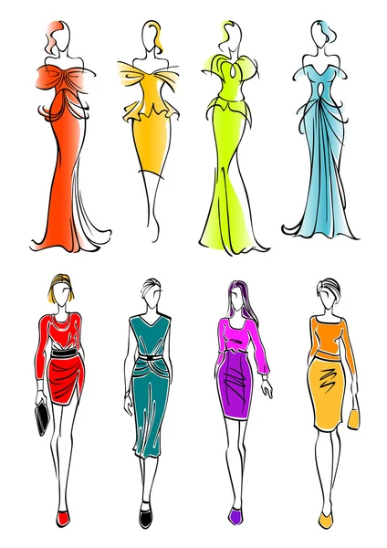 Женщины, представляющие платья для работы и отдыха — стоковый вектор