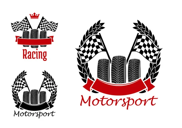 Εικονίδια διαγωνισμού μηχανοκίνητου αθλητισμού με τροχούς και σημαίες — Διανυσματικό Αρχείο