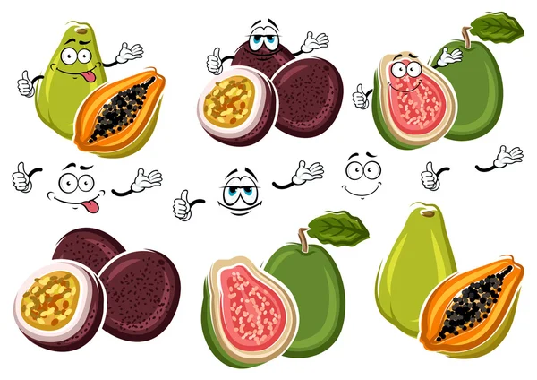 Exotic cartoon guava, passion fruit, papaya fruits — 图库矢量图片