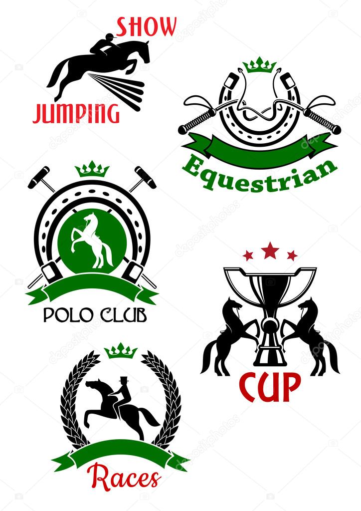 Horse races, show jumping, polo club and equestrian sport competitions symbols of jumping and rearing up horses with riders, trophy cup, dressage whips and mallets framed by horseshoes and laurel
