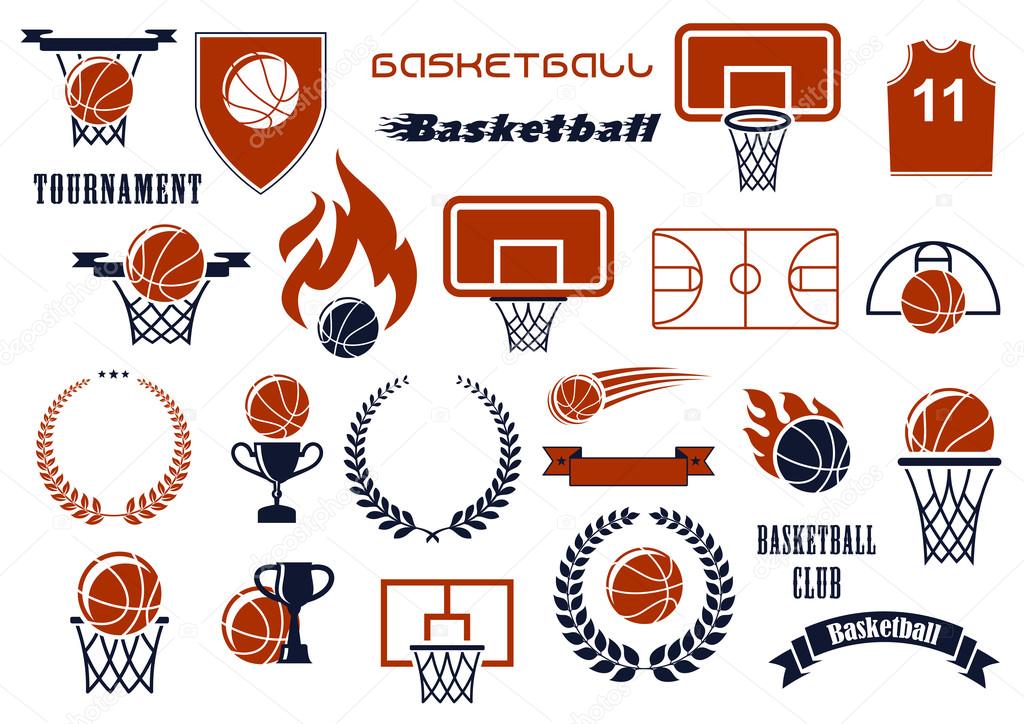 Basketball balls, courts, baskets on backboards, winner trophies and jersey icons for sport club or team design supplemented by heraldic shield, wreaths and ribbon banners, flames and stars