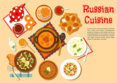 Popular main dishes and dessert of russian cuisine