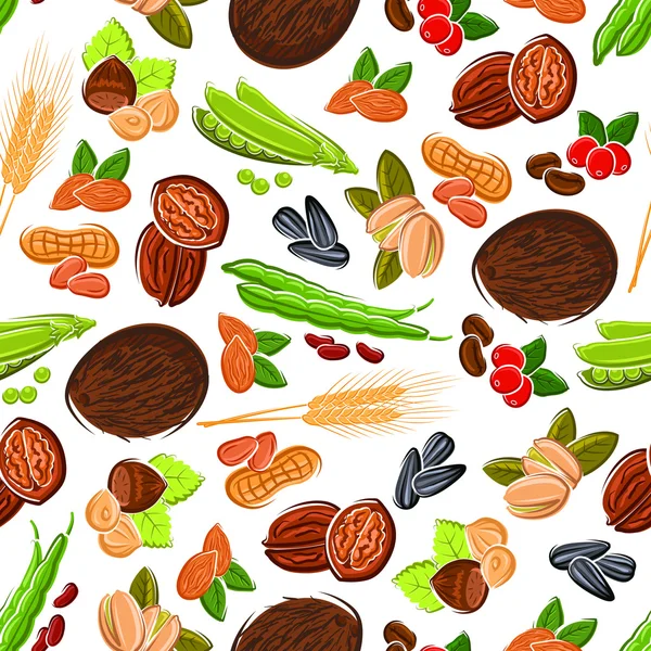 Bezproblémové kreslené ořechy, fazole, semena, pšeničný vzor — Stockový vektor