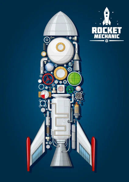 Rocket dengan detail bagian mesin, struktur tubuh - Stok Vektor