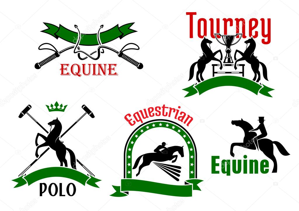 Jumping and rearing up horses, dressage whips, mallets and trophy cups icons, framed by ribbon banners, stars and crown. Use as equestrian sport tournament, polo game or equine club symbol design