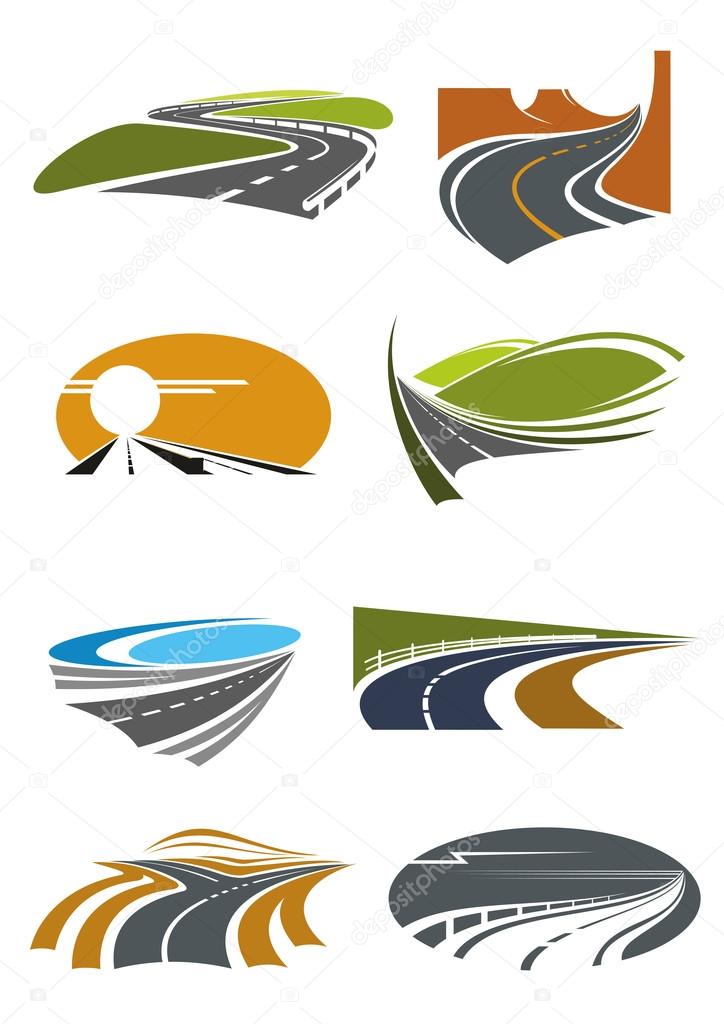 Road landscapes icons for travel theme and car trip design usage with mountain and coastal highways, country and desert roads with steep turns and forked crossing