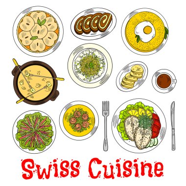 Swiss seafood dishes with fondue and desserts icon