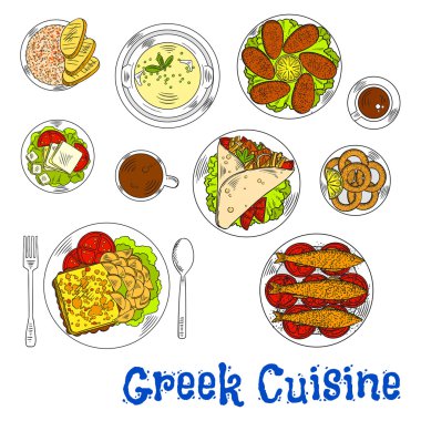Grilled greek seafood dishes sketch drawing icon