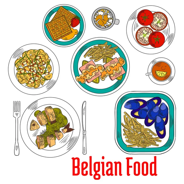Πολύχρωμα πιάτα με σκίτσο της τοπικής βελγικής κουζίνας — Διανυσματικό Αρχείο
