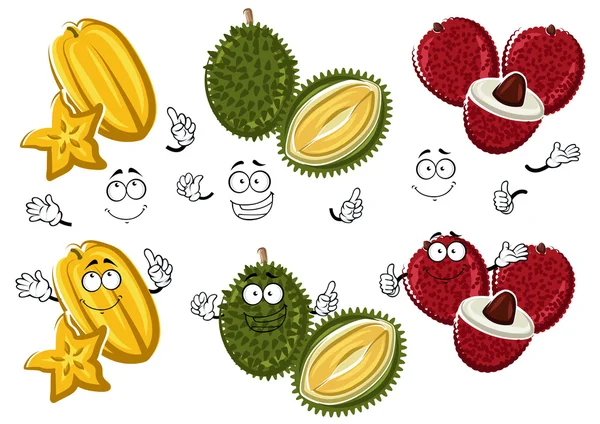 Cartoon thai lychees, durian and carambola fruits — Stok Vektör