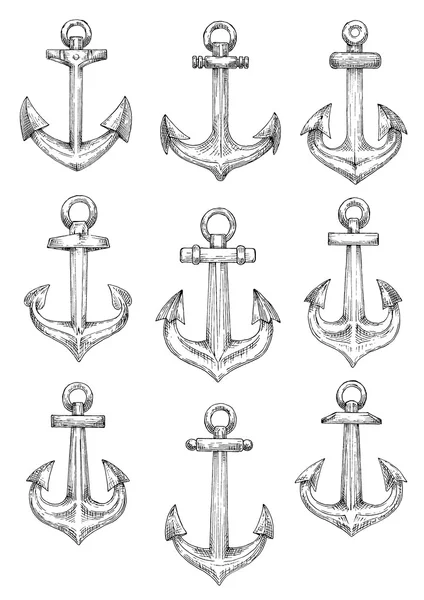 Nautical heraldic sketch symbols of retro anchors — Stock Vector