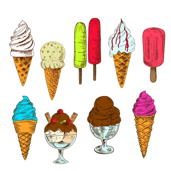 Eskizli dondurma konileri, buzlu şekerler ve dondurma — Stok Vektör