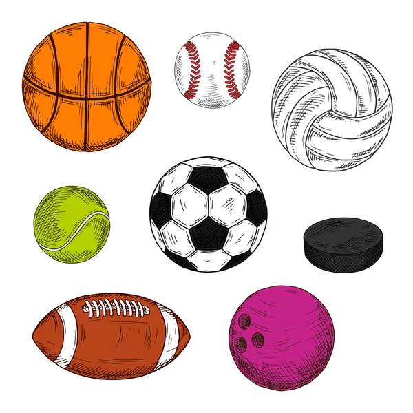 Зарисованные спортивные мячи и шайба символов — стоковый вектор