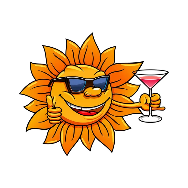 Cartoon sun in sunglasses drinking cocktail — Stock Vector