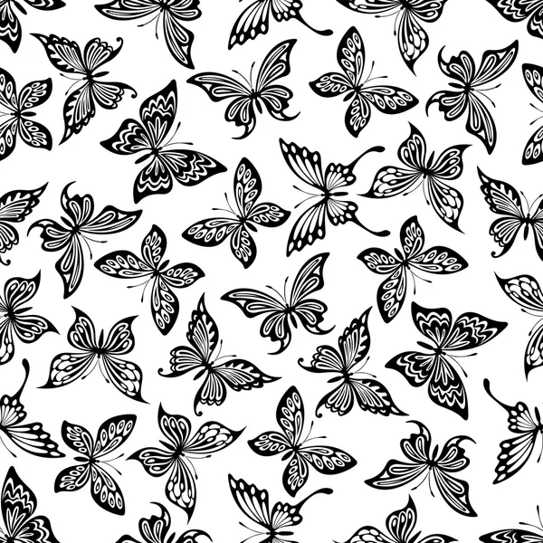 Mariposas en blanco y negro patrón sin costuras — Vector de stock