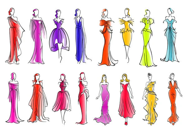 Mode modellen in kleurrijke jurken, schets stijl — Stockvector