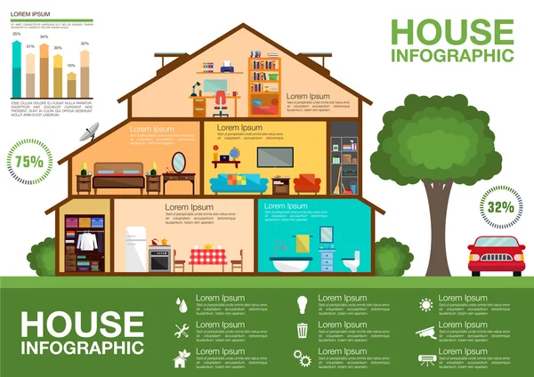 Casa ecológica cutaway design infográfico — Vetor de Stock