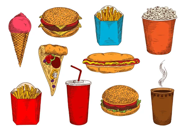 Pizza de comida rápida, sándwiches, postres y bebidas — Vector de stock