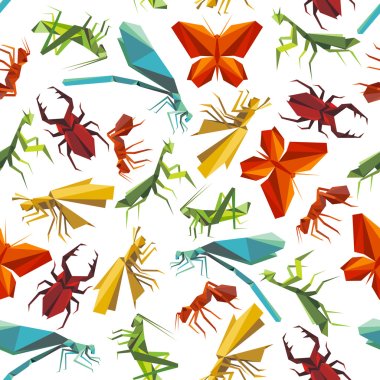 Colorful insects seamless pattern in origami style clipart