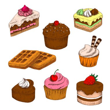 Kek, cupcakes ve waffle renkli skeçler