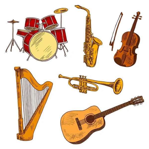 Instruments de musique de concert esquisses colorées — Image vectorielle