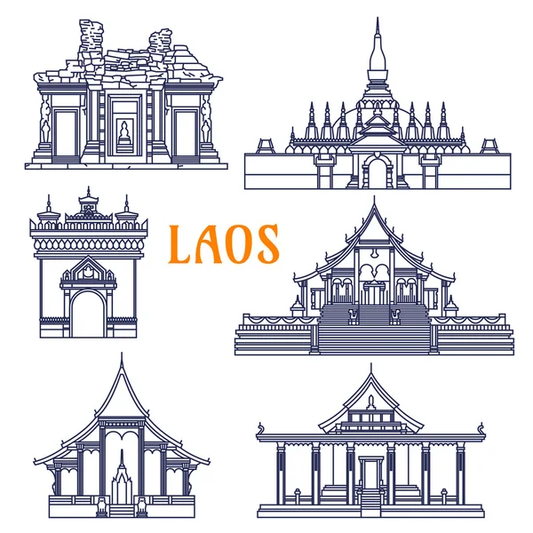 Laotian templomok vékony vonal ikon utazás tervezés — Stock Vector