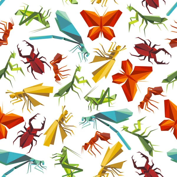 Patrón inconsútil de insectos coloridos en estilo origami — Vector de stock