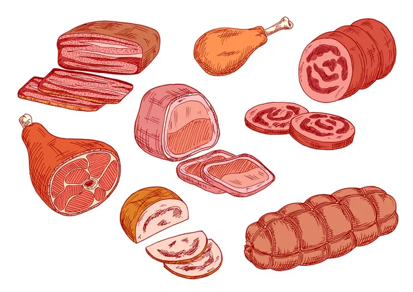 Salchichas, jamón e iconos de bocetos de carne al horno — Vector de stock