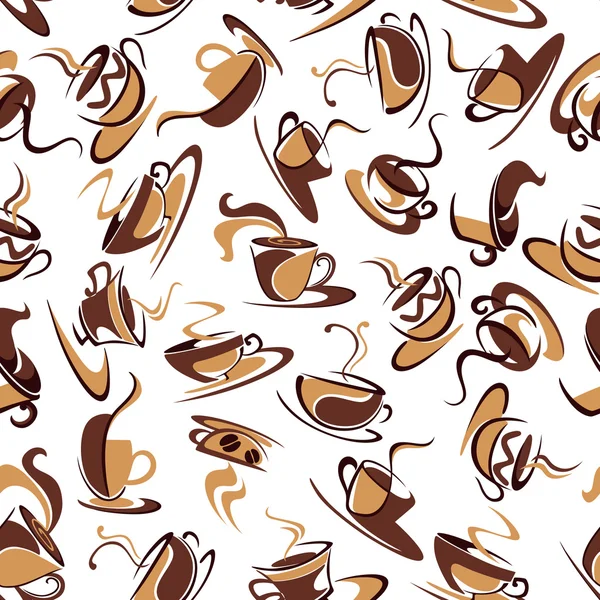 Brown cups of coffee with beans seamless pattern — Stock Vector