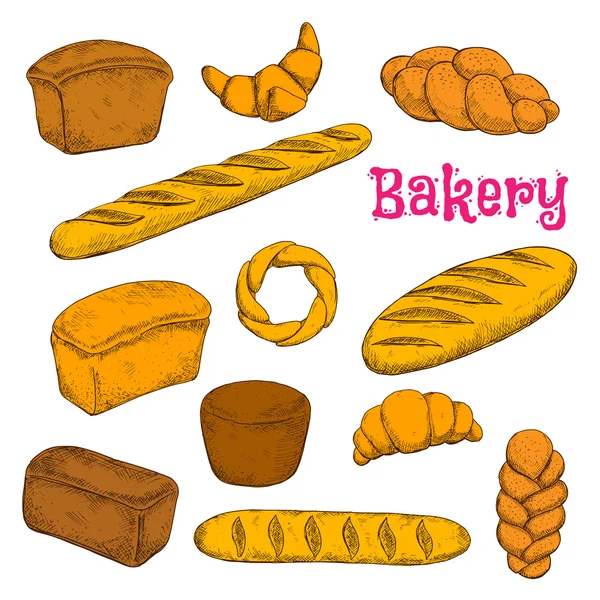 Vers gebakken broodjes en brood schets iconen — Stockvector