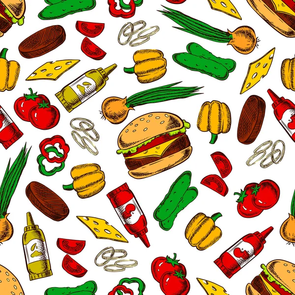 Cheeseburgers sans couture avec motif d'ingrédients — Image vectorielle