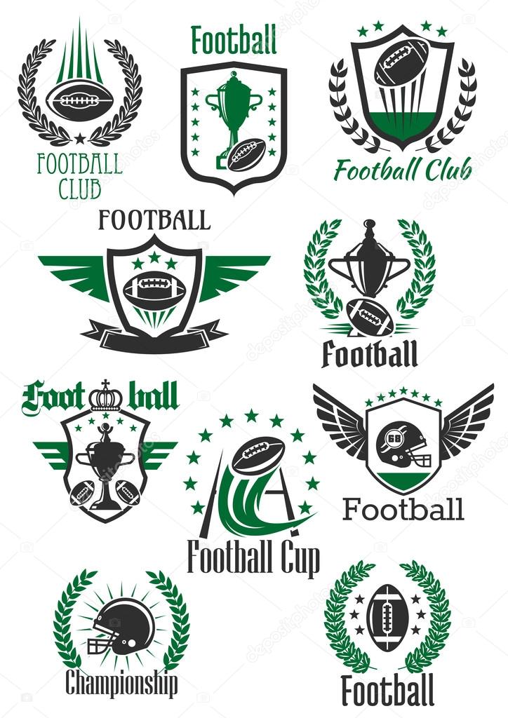 American football balls and helmets, champion trophy cups and gate symbols for sporting club, team and championship design framed by winged and crowned shields, heraldic wreaths and ribbon banners