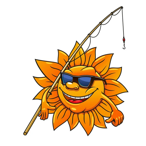 Cartoon sun in sunglasses with fishing rod — Stock Vector