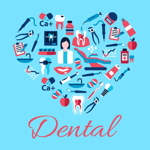 Símbolo del corazón de los iconos de cuidado dental, estilo plano — Vector de stock