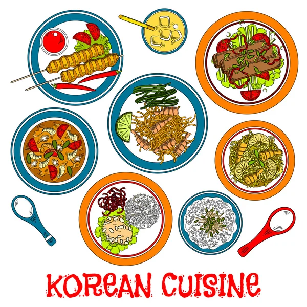 Carne grelhada coreana e pratos de frutos do mar ícone esboço — Vetor de Stock
