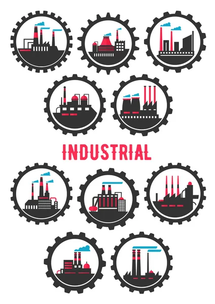 Industrial plants flat symbols framed by cogwheels — Stock Vector