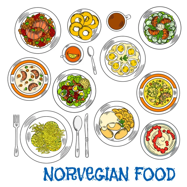 Pratos tradicionais de frutos do mar e vegetais da Noruega —  Vetores de Stock