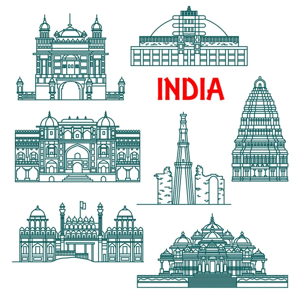 Patrimonio arquitectónico de la India iconos lineales — Vector de stock