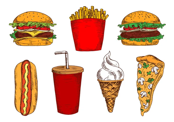 Soda ve dondurma ile sketched fast food öğle yemeği — Stok Vektör