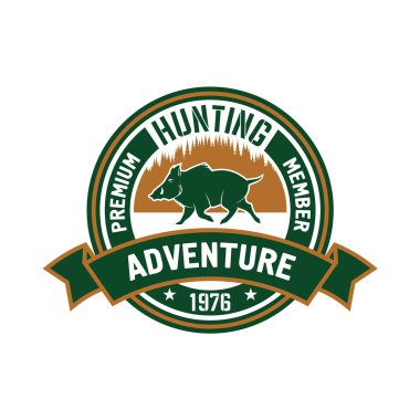 Hunting club badge with wild boar and forest