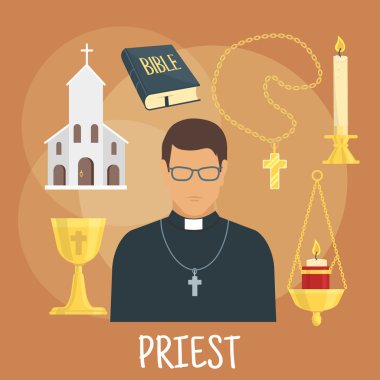 Catholic priest with religious symbols, flat style