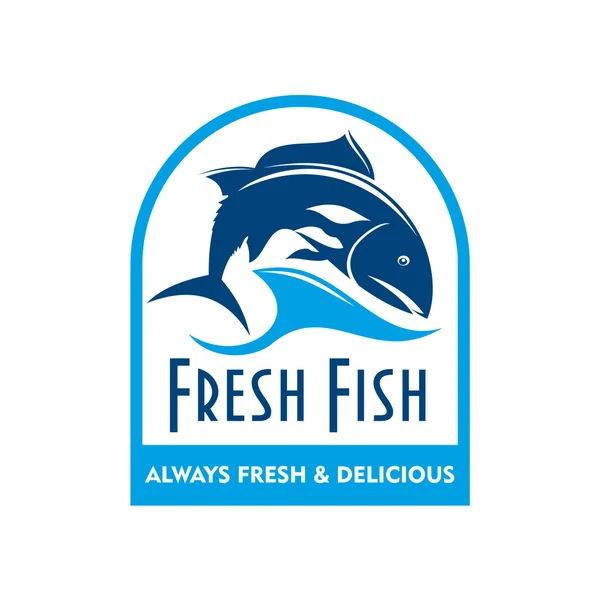 テキスト新鮮な魚と波のサーモンの青いバッジ — ストックベクタ