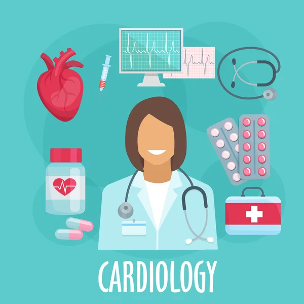 Cardiologie icône plate avec médecin et médicaments — Image vectorielle