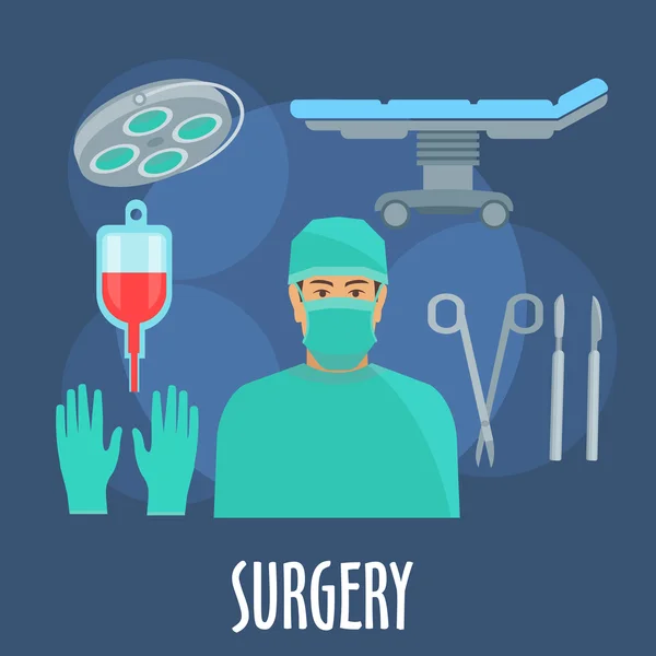 Chirurgo in sala operatoria con icona degli strumenti — Vettoriale Stock