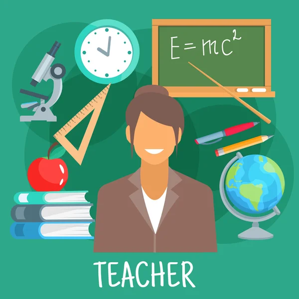 Insegnante in aula con simbolo materiale scolastico — Vettoriale Stock