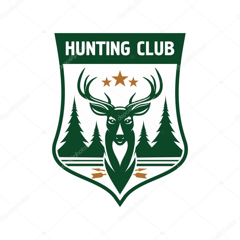 Retro badge for hunting club design. Dark green medieval shield with head of a deer crowned by stars and silhouettes of fir trees on the horizon