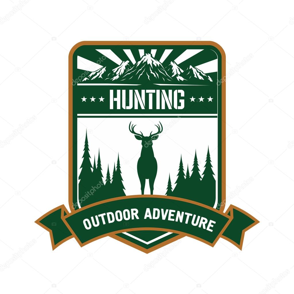 Hunting and outdoor adventure symbol of green silhouette of red deer with conifer trees on both sides, mountain peaks with sun rays and heraldic ribbon banner