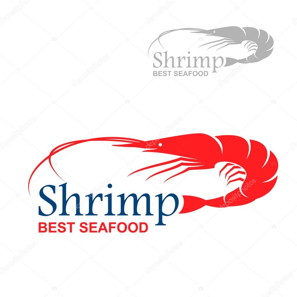 Royal red shrimp icon with caption Shrimp and Best Seafood, including smaller variant in gray color. May be use as cafe signboard or fish market badge design