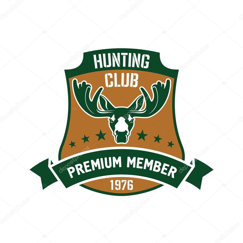 Heraldic symbol in a shape of a shield for hunting club membership badge design usage with a head of elk and ribbon banner with stars