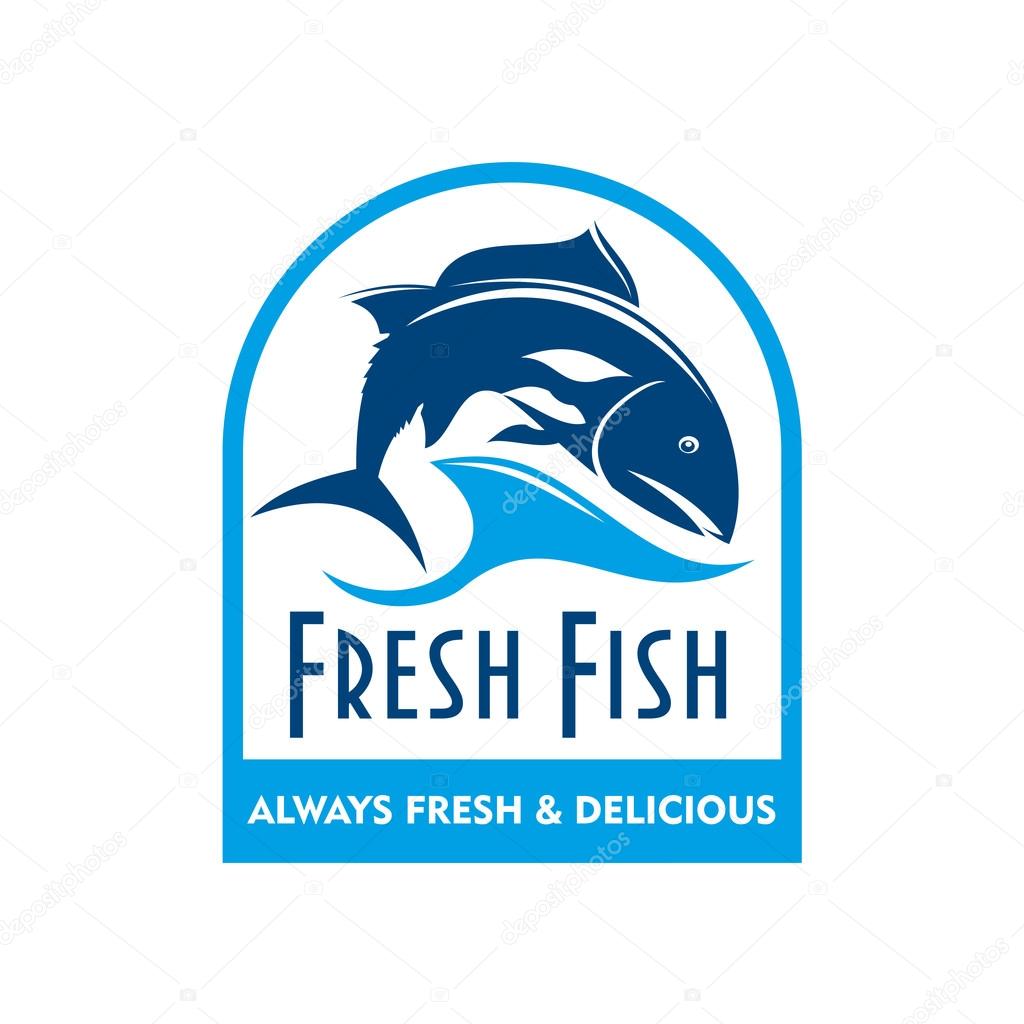 Retro badge of blue silhouette of salmon swimming in sea waves with caption Fresh Fish. Great for food packaging design